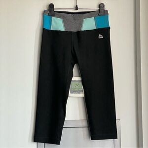 NWOT REEBOK Black Capri Leggings with Blue and Gray Accents